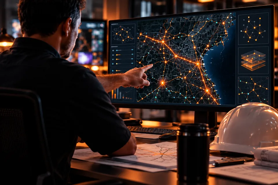 AI concept: telecommunications coordinator reviewing network plans and project documentation