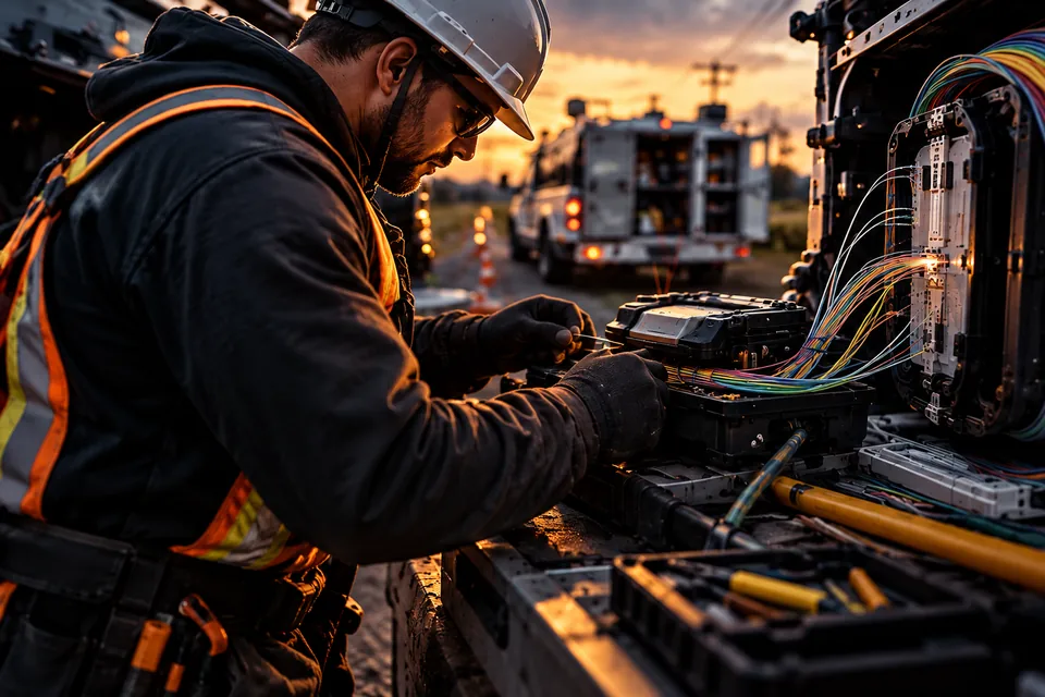 AI concept: independent fiber technician preparing splices with professional field equipment
